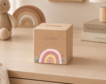 Personalisierte Spardose Holz mit Namen | Regenbogen rosa | Kinder Sparschwein | Geschenk Geburt Taufe Geburtstag | Sparbüchse mit Schloss
