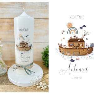 Taufkerze Arche Noah Boot Schiff Tiere &quot;Antonius&quot; |  | Regenbogen | Fisch | Anker | Kreuz | Taufsymbolen