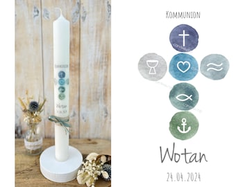 Bougie de baptême, bougie de communion, bougie de confirmation « Wotan » aquarelle symboles chrétiens vagues croix poisson coeur ancre bleu vert gris argent jute