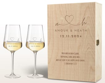 Personalized wine glasses with heart engraving & date in a wooden box • Set of 2, 560 ml • Wedding gift for the bride and groom • Leonardo – Anouk