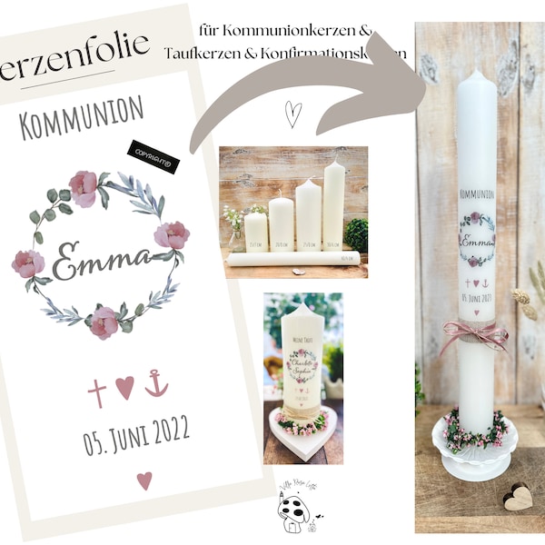 Kerzenfolie Kerzentattoo Blumenkranz "Lola" * Kommunionkerze | Taufkerze | Konfirmationskerze * - Kerzensticker personalisiert DIY