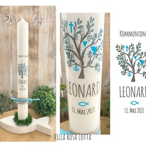 Communion candle, baptism candle, tree of life, tree of life, Leonard, faith, love, hope, peace, heart, cross, anchor, dove, dark green, green, turquoise, blue