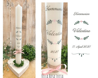 Baptism candle communion candle leaf branches hearts *Valentina* handlettering leaf tendrils wreath flowers pink green jute natural simple rustic