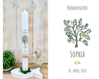 Communion candle personalized with name & date • Tree of life green gold • Cross heart anchor dove • handmade modern • Ribbon gold • Sophia