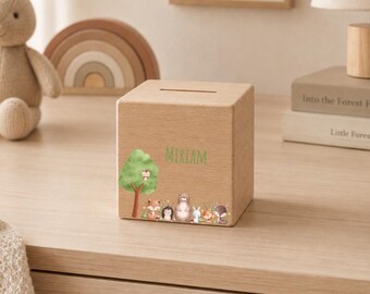 Personalisierte Spardose Holz mit Namen | Waldtiere | Kinder Sparschwein | Geschenk Geburt Taufe Geburtstag | Sparbüchse mit Schloss