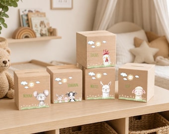 Personalisierte Spardose Holz mit Namen | Bauernhof Tiere | Kinder Sparschwein | Geschenk Geburt Taufe Geburtstag | Sparbüchse mit Schloss