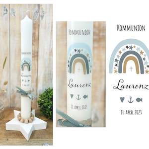 Communion candle, baptism candle, confirmation candle rainbow “Laurenz” cross fish faith love hope heart anchor stars light blue green ocher yellow