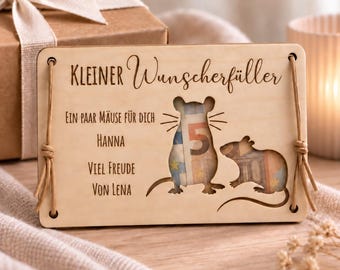 Personalisiertes Geldgeschenk | Wunscherfüller Mäuse aus Holz mit Wunschtext | Geldscheinhalter für Geburtstag & besondere Wünsche