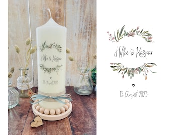 Hochzeitskerze Traukerze *Hilke* Herz Boho Blumen Vintage mit Jute Kalligrafie handlettering