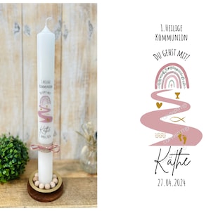 Communion candle "You go with me" rainbow eucalyptus "Käthe" path cross fish feet waves heart chalice flowers tendril pink gold baptism candle