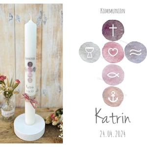 Baptism candle, communion candle, confirmation candle "Katrin" watercolor Christian symbols waves cross fish heart anchor pink old pink gray silver
