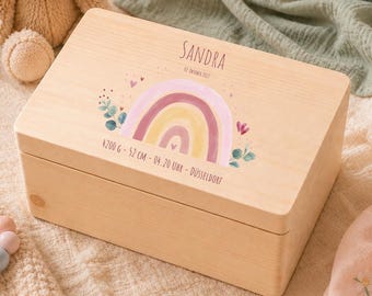 Personalisierte Erinnerungskiste Baby aus Holz | Regenbogen rosa Eukalyptus | Holzkiste mit Name & Datum | Geschenk zur Geburt