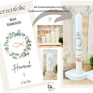 Bougie en feuille d'aluminium, tatouage de bougie, couronne d'eucalyptus « Heinrich », poisson | croix | or | bougie de communion | bougie de baptême - autocollant de bougie personnalisé DIY