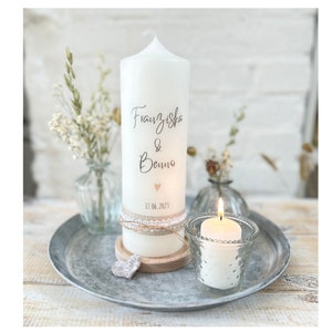 Hochzeitskerze Namen mit Mini Herz gold minimalistisch schlicht Kalligrafie mit Jute & Spitze in weiß + rustikaler Kordel *Franziska*