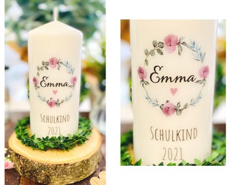 Personalisiertes Geschenk Einschulung Kerze * Pfingstrosen Blumenkranz Emma * Schulkind Einschulungsgeschenk rosa Herz