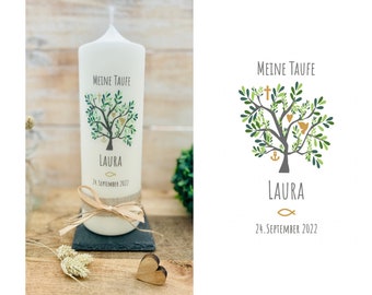 Baptism candle Tree of Life Communion candle Confirmation candle Christian symbols for girls boys with name and date *Laura gold *