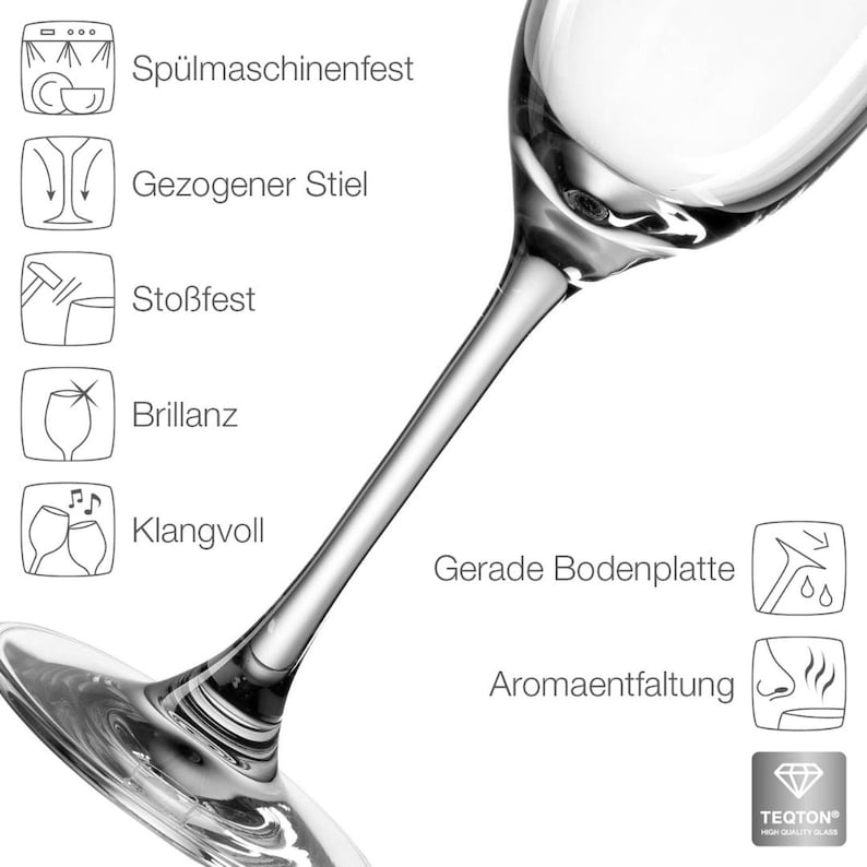 K&ouml;nnte beinhalten: Eine klare Champagnerfl&ouml;te aus Glas mit einem langen, d&uuml;nnen Stiel und einer breiten, runden Schale. Das Glas ist sp&uuml;lmaschinenfest, hat einen gezogenen Stiel, ist sto&szlig;fest und hat einen brillanten Glanz. Das Glas hat au&szlig;erdem einen klaren, geraden Boden und ist f&uuml;r die Aromaentfaltung konzipiert.