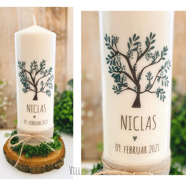 Communion candle, baptism candle, confirmation candle, tree of life, tree of life *Niclas* heart name personalized green dark green gray jute