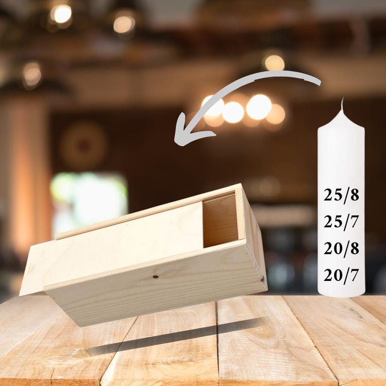 May include: A wooden box with a sliding lid, perfect for storing candles. The box is made of natural wood and has a rustic look. The box is shown next to a white candle with the numbers 25/8, 25/7, 20/8, and 20/7 printed on it.