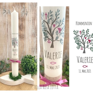 Communie Kaars Levensboom Levensboom Doopkaars Valerie Geloof Liefde Hoop Vrede Hart Kruis Anker Duif Groen Bordeaux Braam Rood