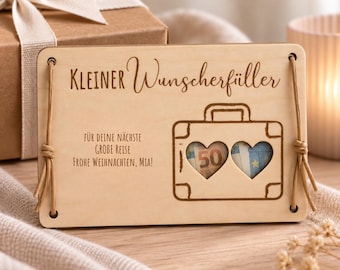 Personalisiertes Geldgeschenk Reise & Hochzeit | Wunscherfüller aus Holz mit Koffer | Reisekasse für Flitterwochen, Urlaub und Weltreise