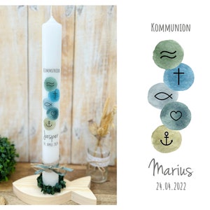 Communion candle baptism candle Christian symbols “Marius” watercolor waves cross fish heart anchor blue green grey ochre yellow jute