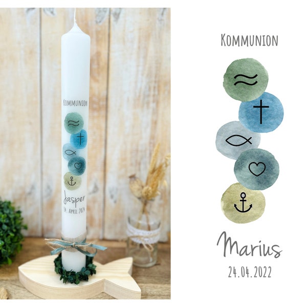 Kommunionkerze Taufkerze christliche Symbole „Marius“ watercolor  Wellen Kreuz Fisch Herz Anker blau grün grau ocker gelb Jute