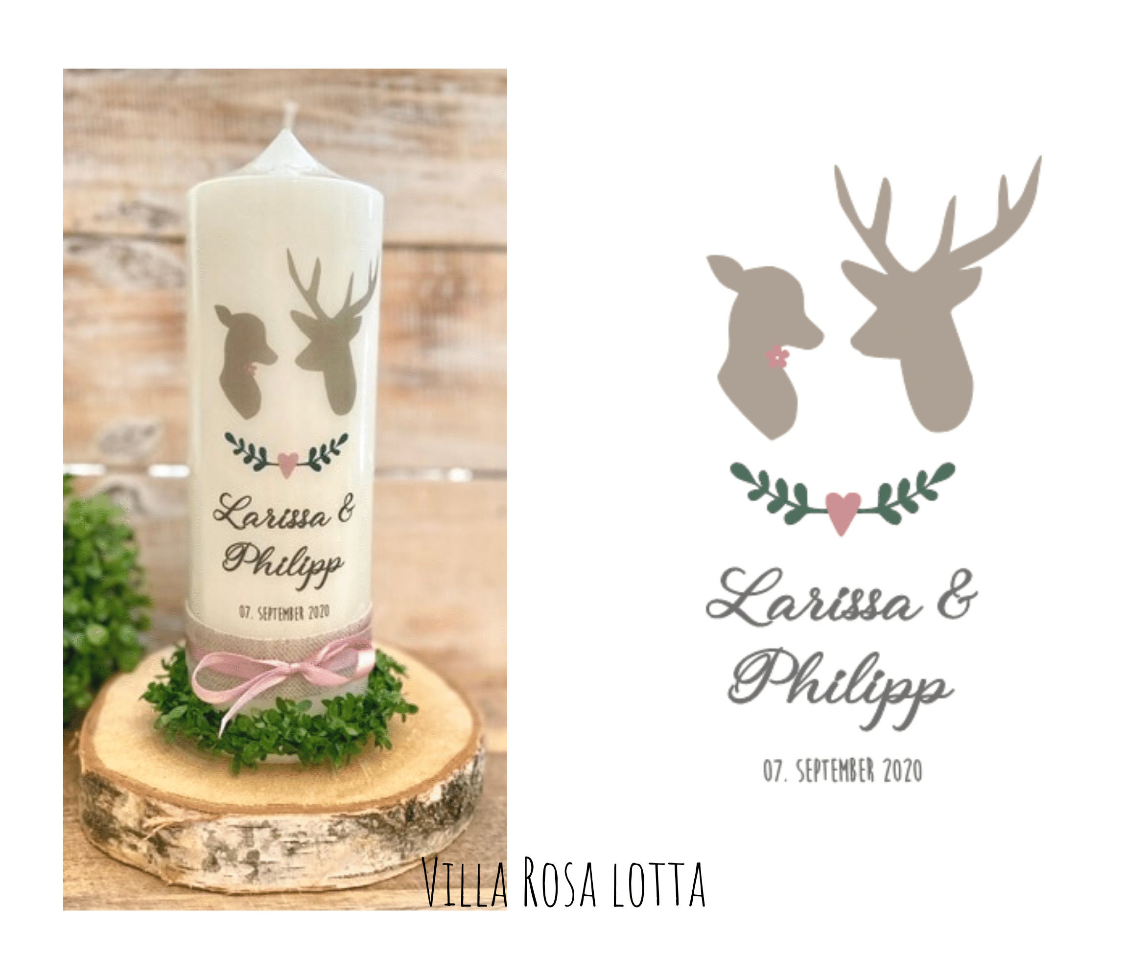 Hochzeitskerze Hirschpaar natur Blätterzweige personalisiert Etsy