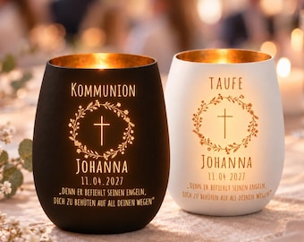 Personalized wreath-shaped candle holder with cross for baptism or communion | With occasion, name, date & saying | Baptism gift | Communion gift