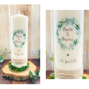 Hochzeitskerze mit Namen Eukalyptus Blätterkranz Oliven - Blätter Mix rustikal greenery