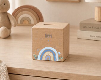 Personalisierte Spardose Holz mit Namen | Regenbogen blau | Kinder Sparschwein | Geschenk Geburt Taufe Geburtstag | Sparbüchse mit Schloss