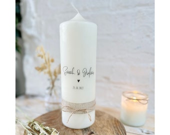 Wedding candle with names, mini heart, black, minimalist, simple, calligraphy with jute & cord *Sarina*