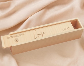 Spersonalizowane drewniane pudełko na świece komunijne, świece chrzcielne do 45 cm – grawerowane pudełko do przechowywania z imieniem i datą, długa świeca komunijna