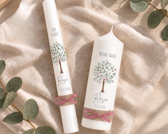 Taufkerze Mädchen Lebensbaum personalisiert · Rosa Eukalyptus · Name & Datum · auch als Kommunionkerze