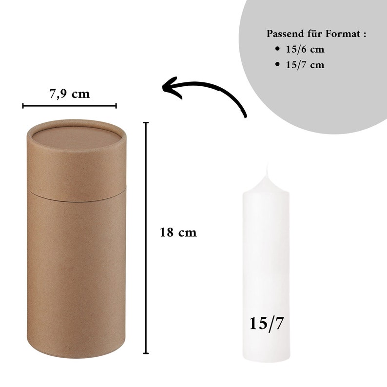 以下が含まれることがあります： 直径7.9cm、高さ18cmの白いろうそく。ろうそくは茶色の厚紙の筒に入っています。画像には「Passend f&uuml;r Format: 15/6 cm 15/7 cm」というテキストが表示されています。ろうそくには「15/7」のラベルが貼られています。