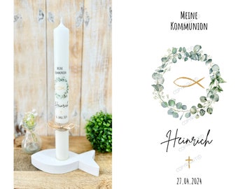 Vela de comunión corona de eucalipto "Heinrich Fisch" cruz verde oro vela de bautizo vela de confirmación personalizada
