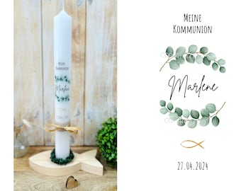 Bougie de communion couronne d'eucalyptus « Marlene » poisson vert or bougie de baptême bougie de confirmation personnalisée