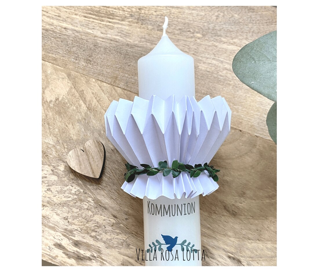 Tropfschutz SET Papiermanschette weiss mit Blätterband Zubehör Set Kommunionkerze / Taufkerze für 4 - 6 cm Durchmesser Kerzen Blätterkranz