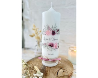 Wedding candle "Mirijam" leaves | flowers | Flower wreath | pink | old pink | eucalyptus | bordeaux calligraphy with jute & cord