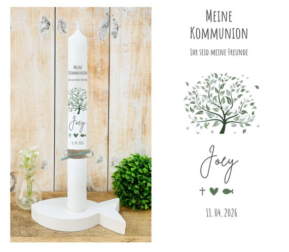 Kommunionkerze personalisiert mit Name & Datum + Spruch • Baum des Lebens • Kreuz Fisch Herz • grün modern natur • Band eukalyptus • Joey
