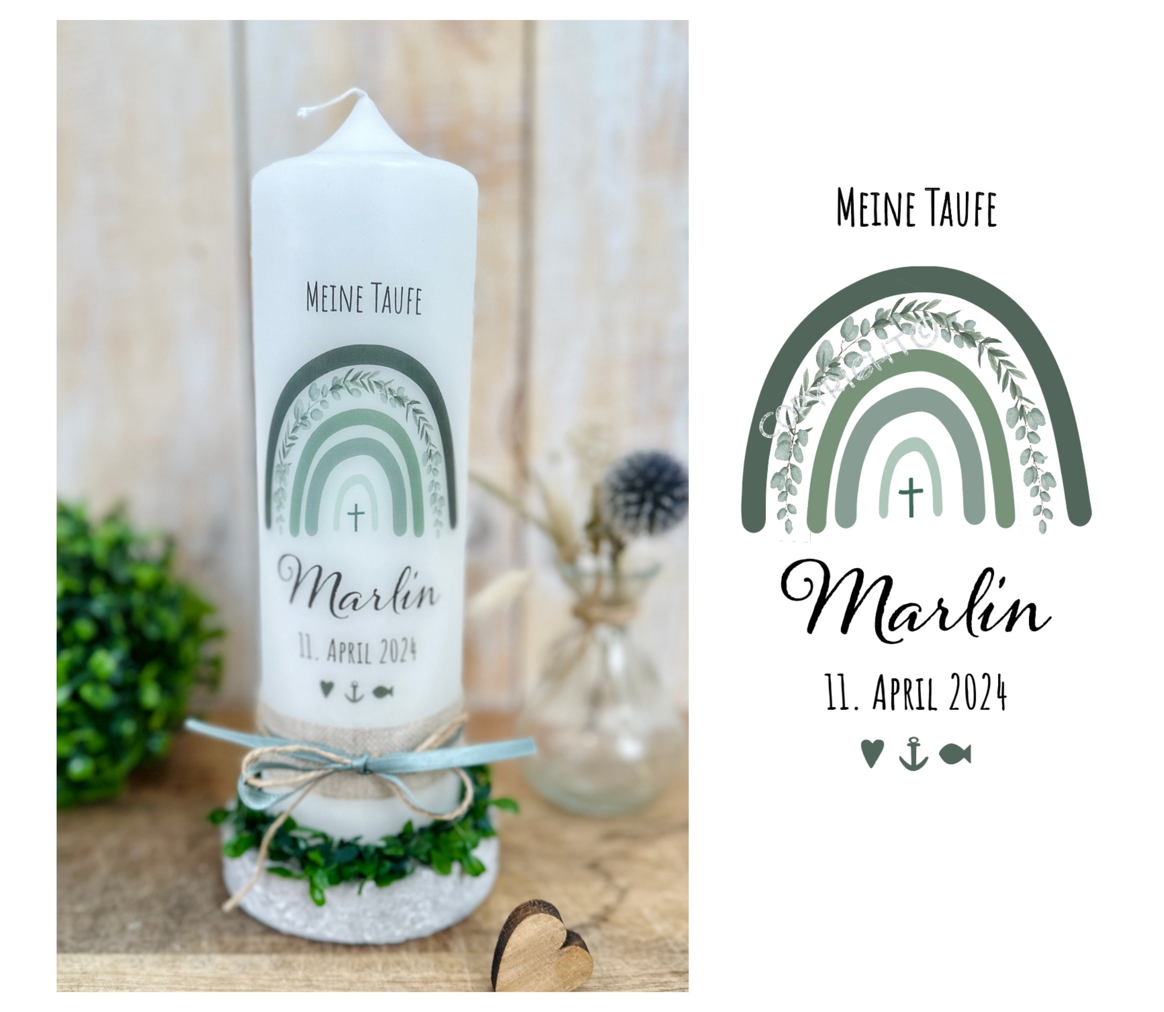 Baptism candle rainbow eucalyptus communion candle confirmation candle for boys girls with name and date “Marlin”