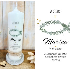 Baptismal candle, communion candle “Marina” eucalyptus fish | saying | Cross | heart | fish | leaves | Eucalyptus | branches | gold | green