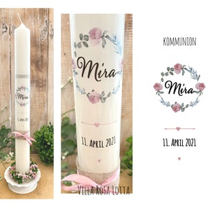Kommunionkerze Blumen Taufkerze Pfingstrosen Blumenkranz Kranz "Mira“ Eukalyptus Oliven Zweige Blumen Blätter rosa grün altrosa vintage