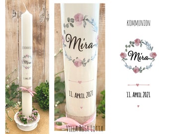Personalized communion candle with name & date • Peony flower wreath, eucalyptus • Pink, antique rose, vintage • Communion gift • Mira