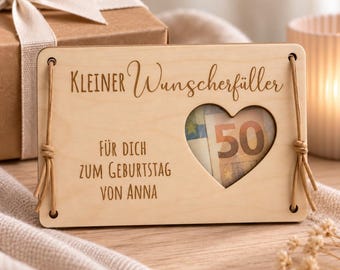 Personalisiertes Geldgeschenk | Wunscherfüller Herz aus Holz mit Wunschtext | Geschenk zur Hochzeit, Geburtstag & Herzenswunsch