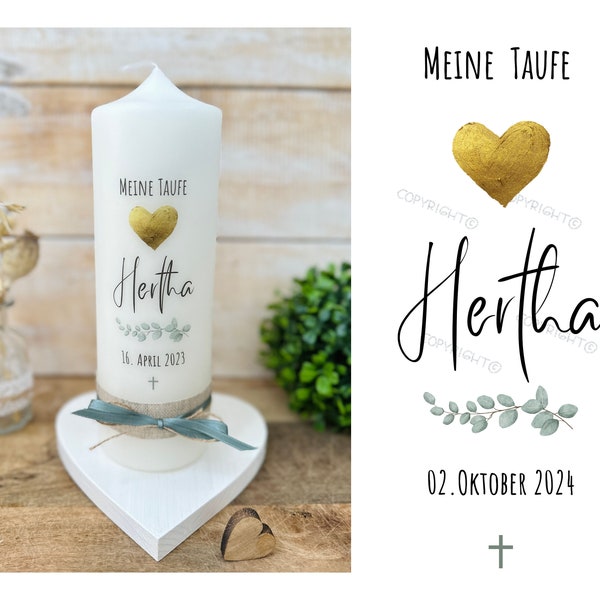 Taufkerze Kommunionkerze Konfirmationskerze "Hertha" Herz | Kreuz | gold | Eukalyptus | grün