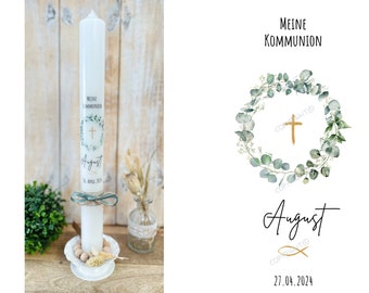 Communion candle, eucalyptus wreath, "August Cross", fish, green and gold, personalized baptismal candle, confirmation candle