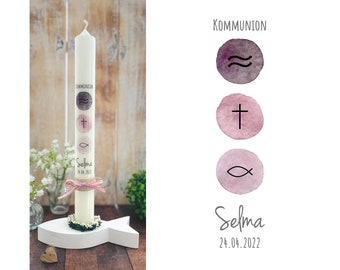 Kommunionkerze Taufkerze „Selma“ watercolor christliche Symbole Wellen Kreuz Fisch mit Namen & Datum rosa altrosa aubergine Jute