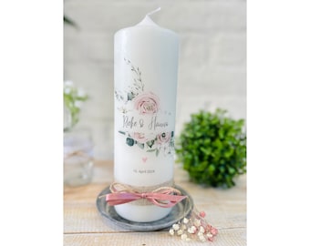 Wedding candle "Rieke" flowers | Roses | heart | leaves | old pink | green