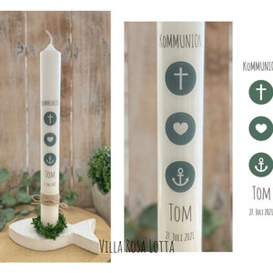 Communion candle, baptism candle “Tom” Christian symbols cross heart anchor with name & date green dark green vintage gray jute cord